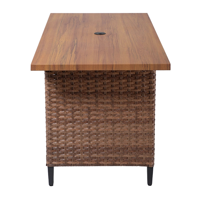 End view of rectangular wicker patio dining table