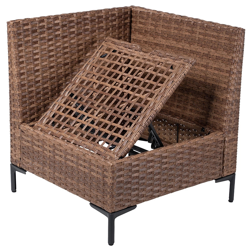 Close-up of lifted wicker seat panel on outdoor corner sofa module