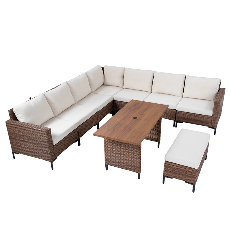 Angled view of modular rattan patio sofa dining set with matching ottoman