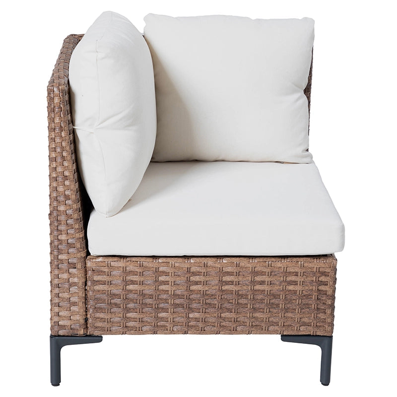 Front view of wicker corner sofa module with beige seat and back cushions