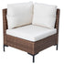 Angled view of cushioned outdoor corner sofa with woven armrest panels