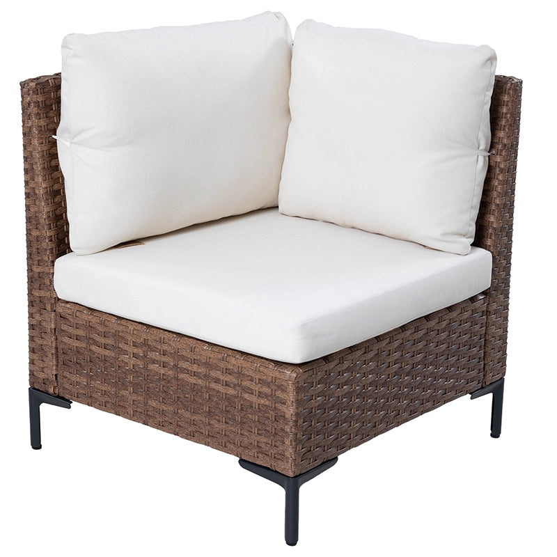 Angled view of cushioned outdoor corner sofa with woven armrest panels