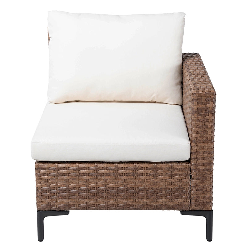 Front view of wicker patio sofa end chair with beige cushions and armrest