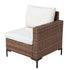 Angled view of cushioned outdoor rattan sofa module with woven side panel