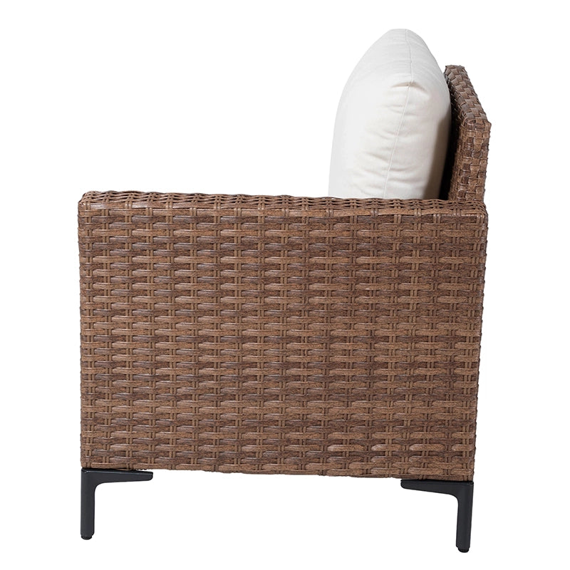 Side profile of wicker patio sofa chair with back cushion