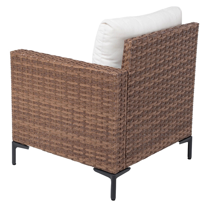 Rear angled view of brown wicker outdoor sofa end module