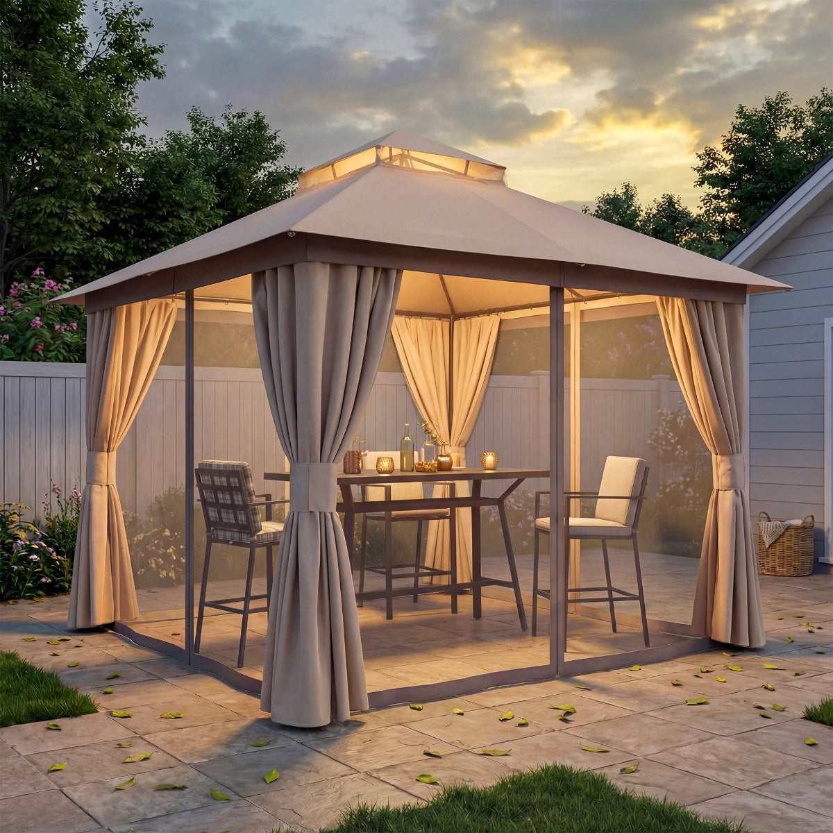 10 x 10 patio gazebo with curtains tied back for an open layout