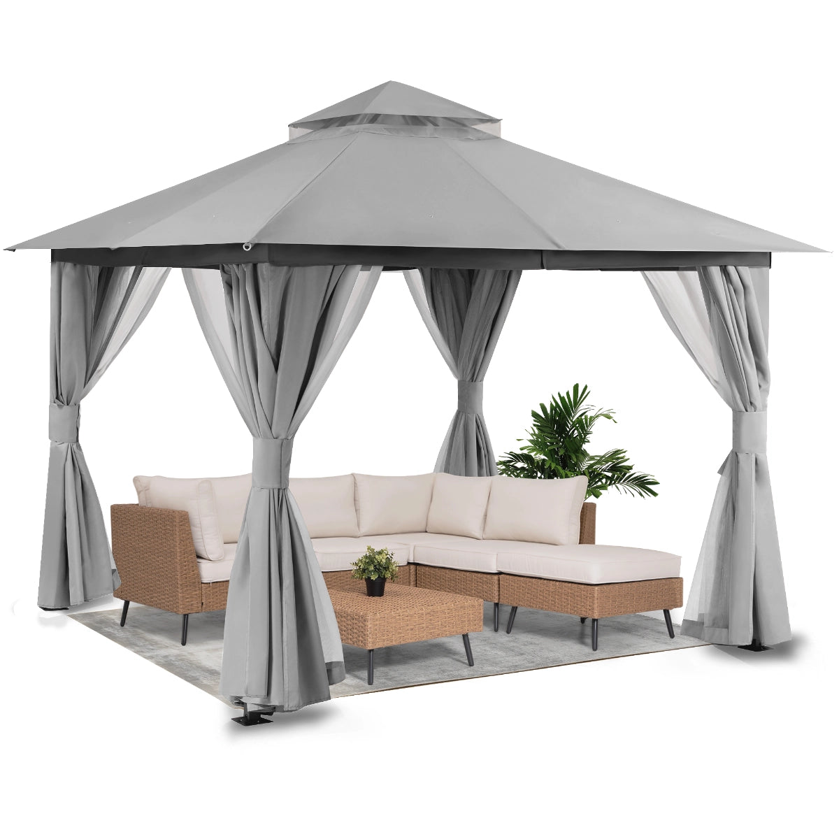 Grey 10 x 10 soft top patio gazebo with ventilated roof