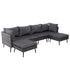6 piece outdoor wicker sectional sofa set with two ottomans and dark grey cushions