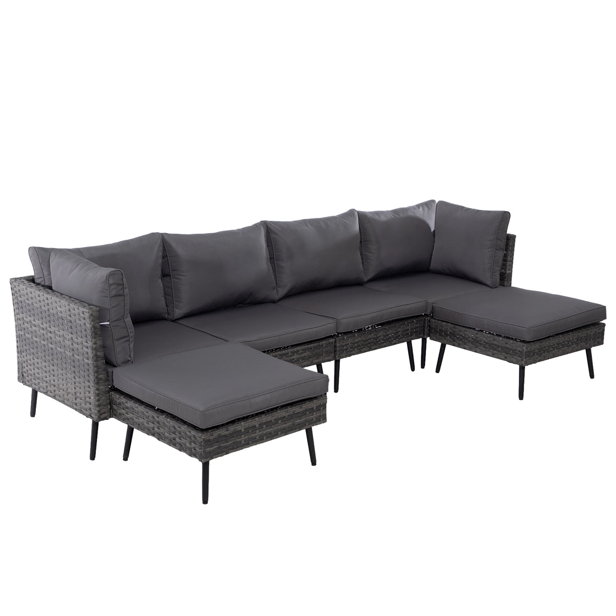 6 piece outdoor wicker sectional sofa set with two ottomans and dark grey cushions