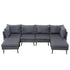 Front view of modular wicker patio sectional with matching square cushioned ottomans