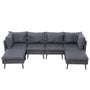 Front view of modular wicker patio sectional with matching square cushioned ottomans