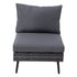 Front view of armless wicker patio sofa module with dark grey seat and back cushions