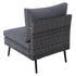 Rear angled view of patio sofa module showing woven wicker back and side panels