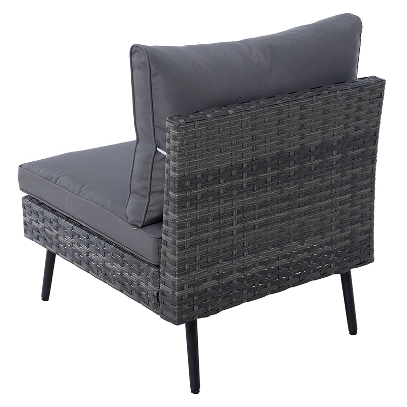 Rear angled view of patio sofa module showing woven wicker back and side panels