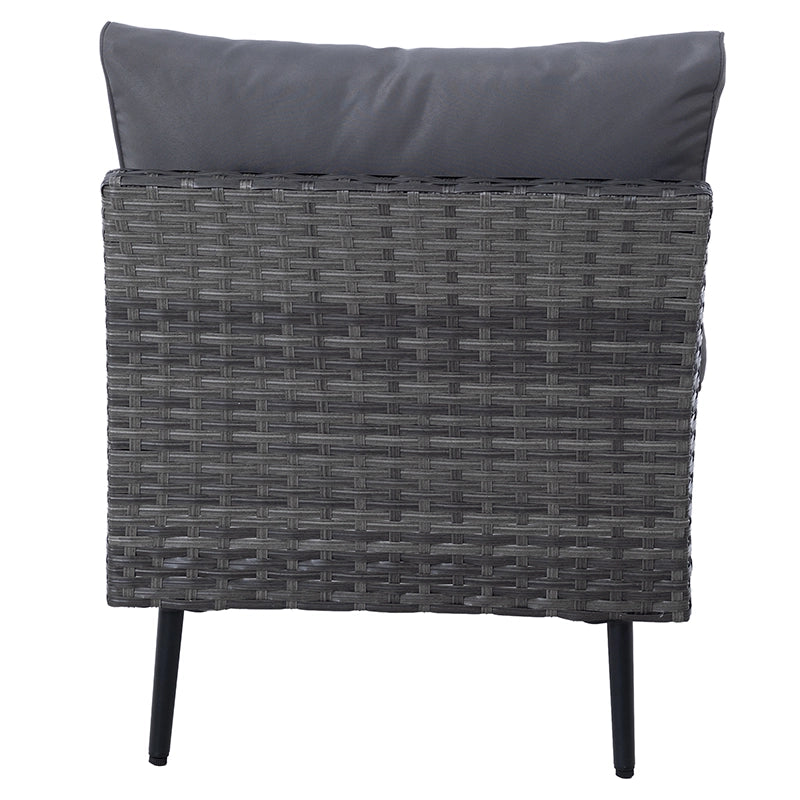 Back view of wicker outdoor sofa module with slim metal legs