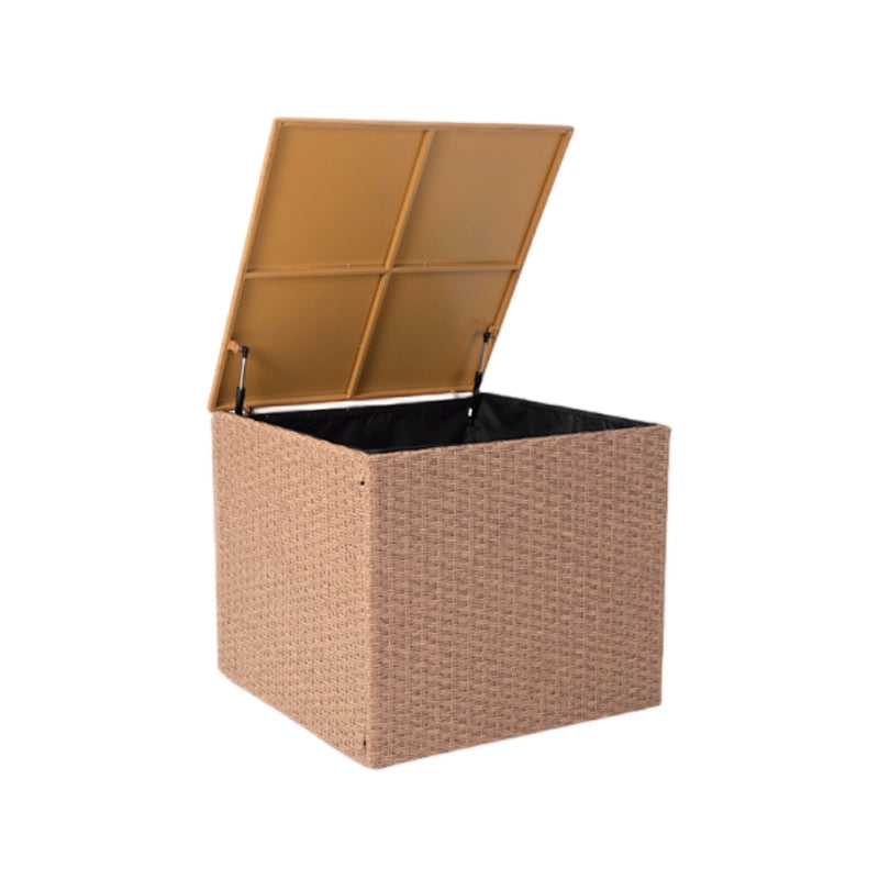 Outdoor wicker storage box with hinged lid open to reveal interior compartment