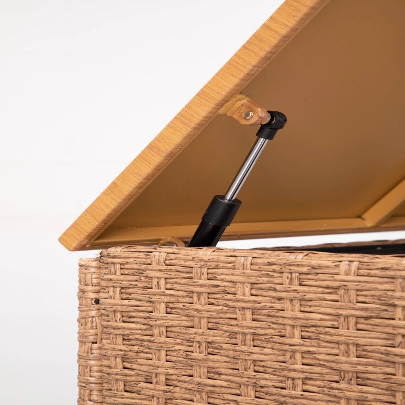 Close-up of lift-up storage box lid and supporting hinge mechanism