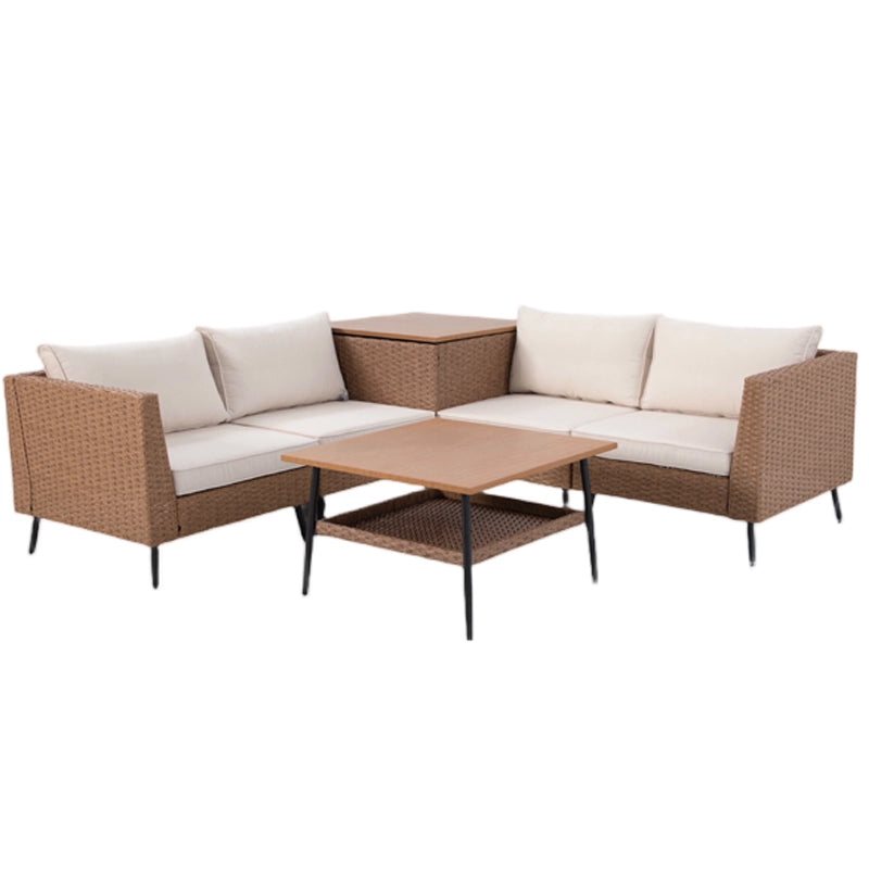 Six-piece wicker patio sectional sofa with coffee table and separate cushion storage box