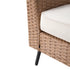 Detail of cushioned outdoor sectional sofa with woven side panel and tapered leg