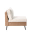 Side view of armless wicker patio sofa chair with seat and back cushions