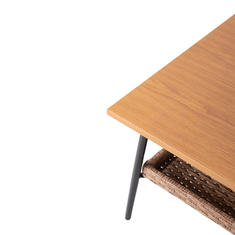 Wood-look square patio coffee tabletop with woven wicker edge