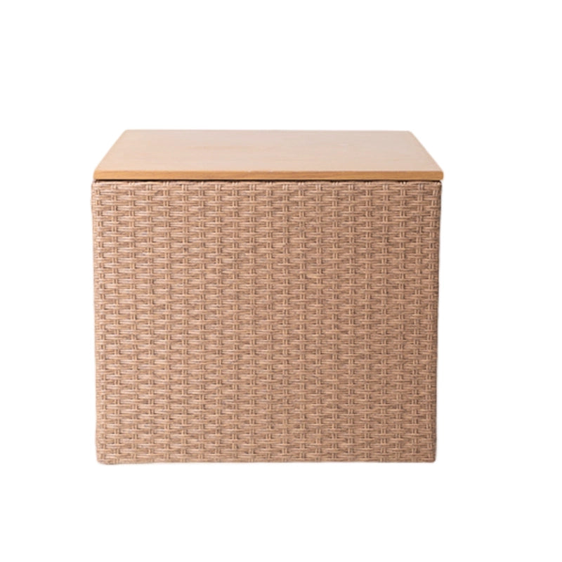 Square wicker outdoor cushion storage box with closed wood-look lid