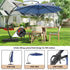 Rotating cantilever umbrella shown in an outdoor seating area with adjustment views
