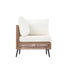 Front angled view of beige cushioned outdoor wicker armless sofa