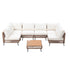 7 piece rattan patio furniture set with beige cushions and square coffee table