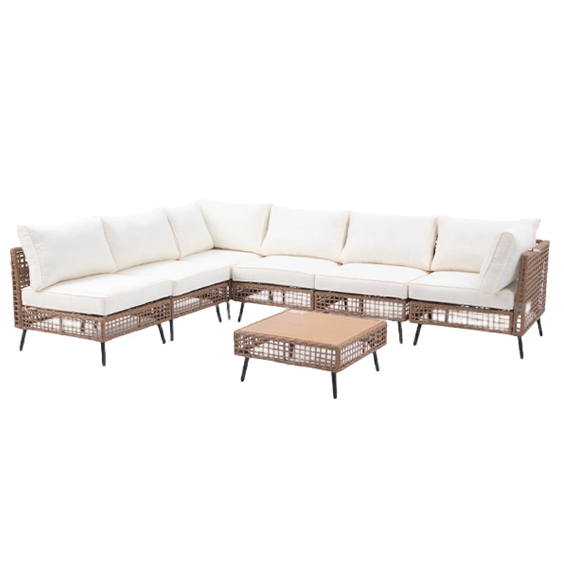 L-shaped beige outdoor sectional sofa with open-weave wicker and matching coffee table