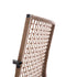 Angled rear view of wicker patio dining chair with woven backrest and metal armrest