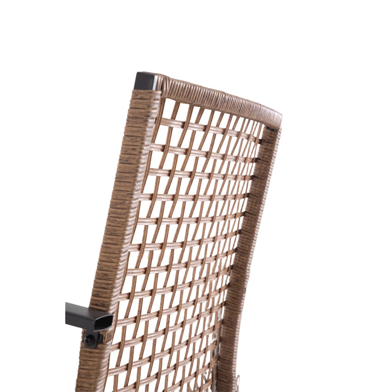 Angled rear view of wicker patio dining chair with woven backrest and metal armrest