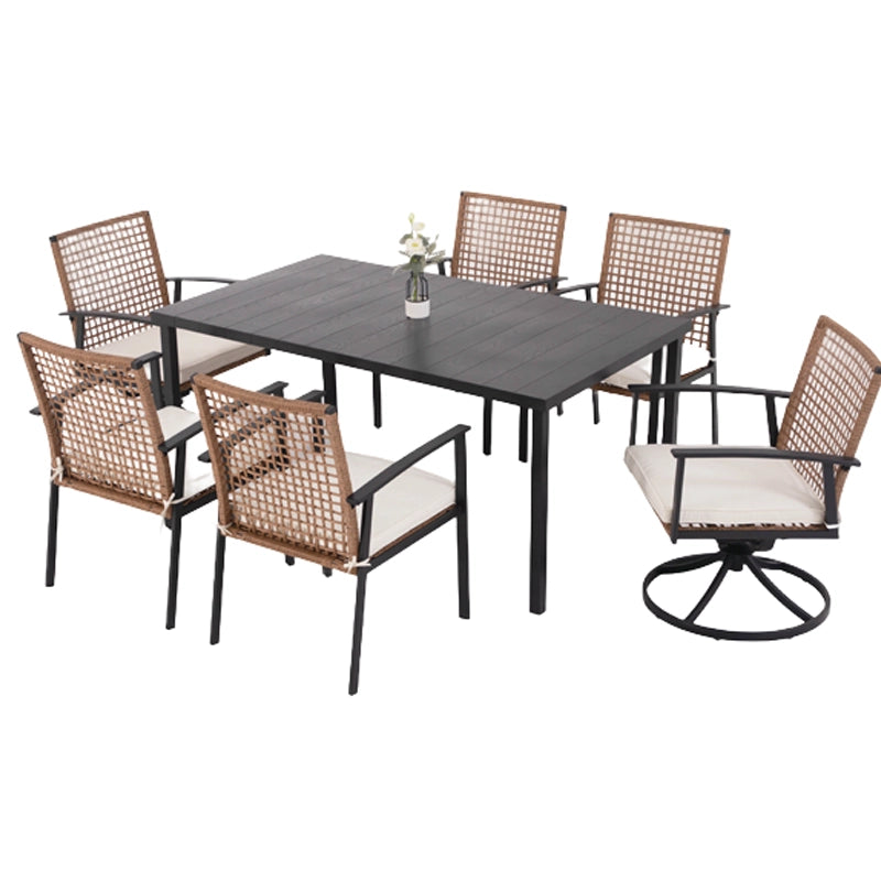 7 piece patio dining set with swivel chairs, four fixed wicker chairs and rectangular table