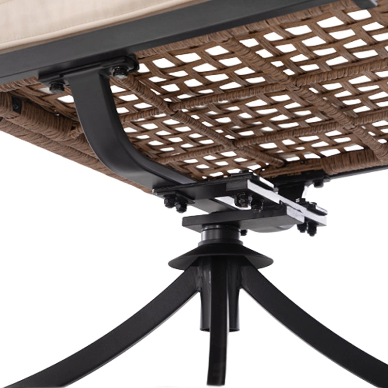 Underside of swivel patio dining chair showing rotating pedestal mechanism