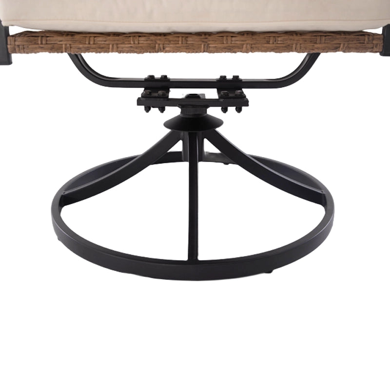 Black circular pedestal base and swivel mechanism of wicker outdoor dining chair