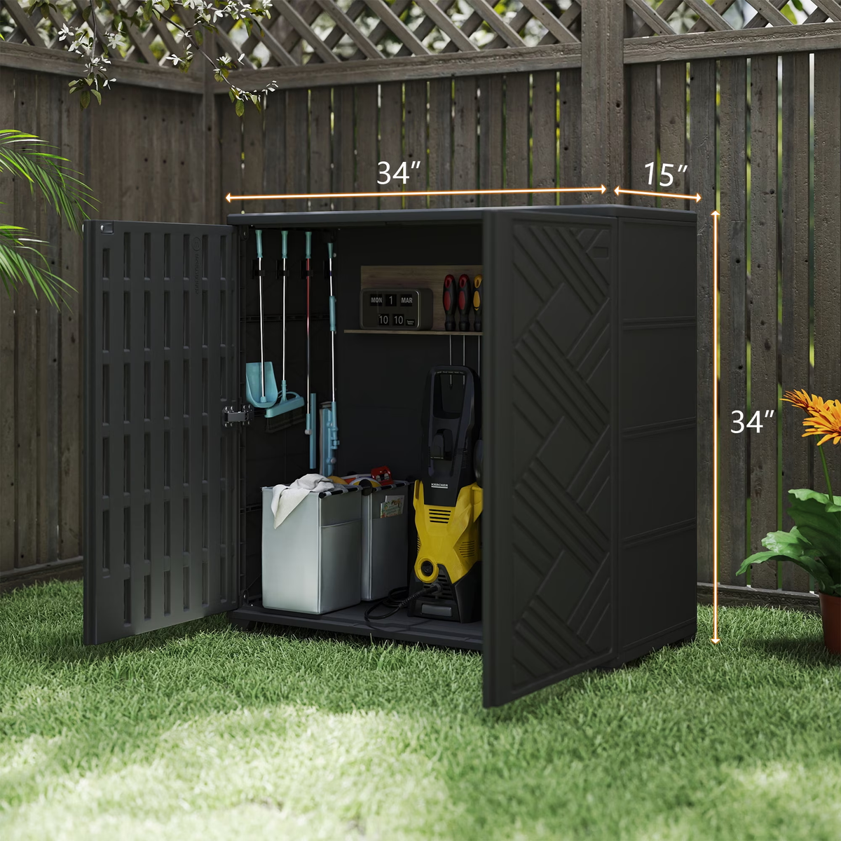 Yardgrace 34" Corner Outdoor Storage Cabinet, Weatherproof Resin Diamond Shed for Small Spaces, Black Or White