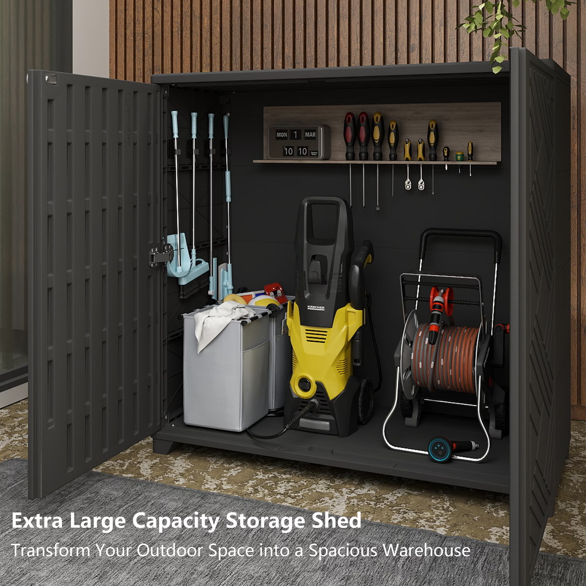 Yardgrace 34" Corner Outdoor Storage Cabinet, Weatherproof Resin Diamond Shed for Small Spaces, Black Or White