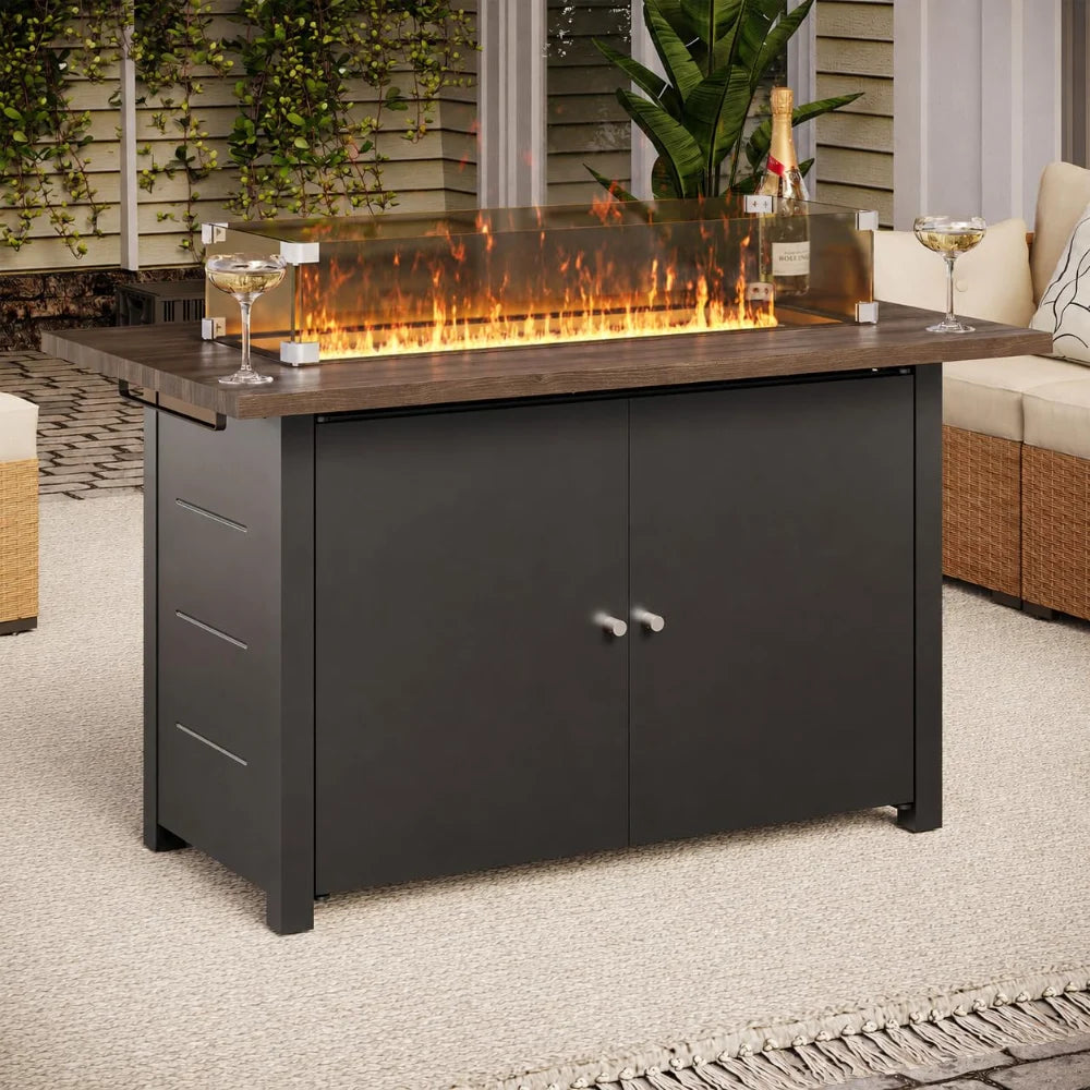 Black rectangular propane fire pit table with glass wind guard