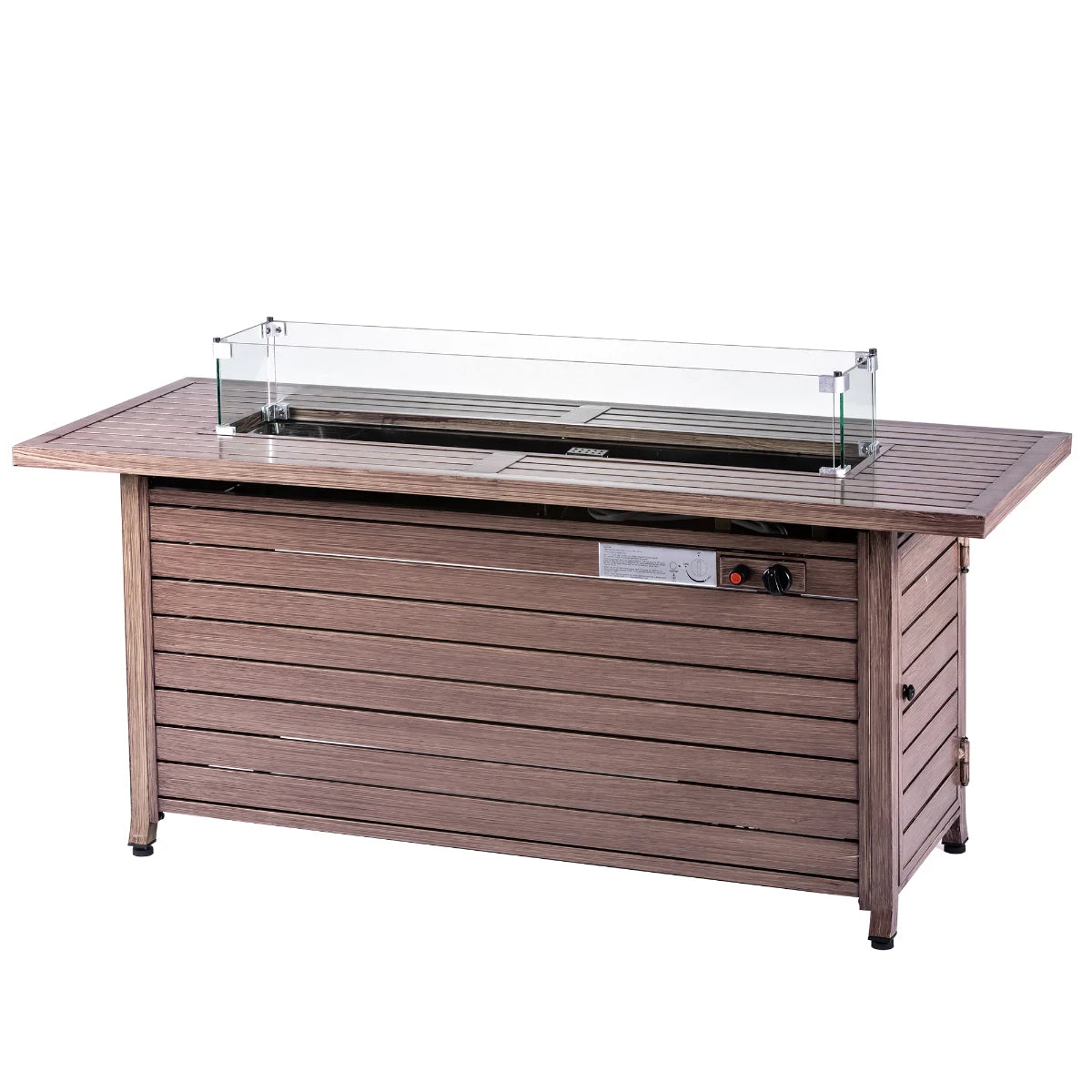 Brown rectangular propane fire pit table with glass wind guard