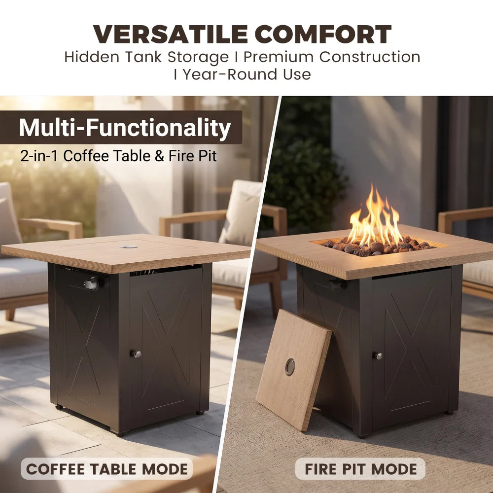Yardgrace 28" Propane Fire Pit Table, 50,000 BTU Square Outdoor Gas Firepit with Lava Rocks and Hideaway Tank Storage, Mocha