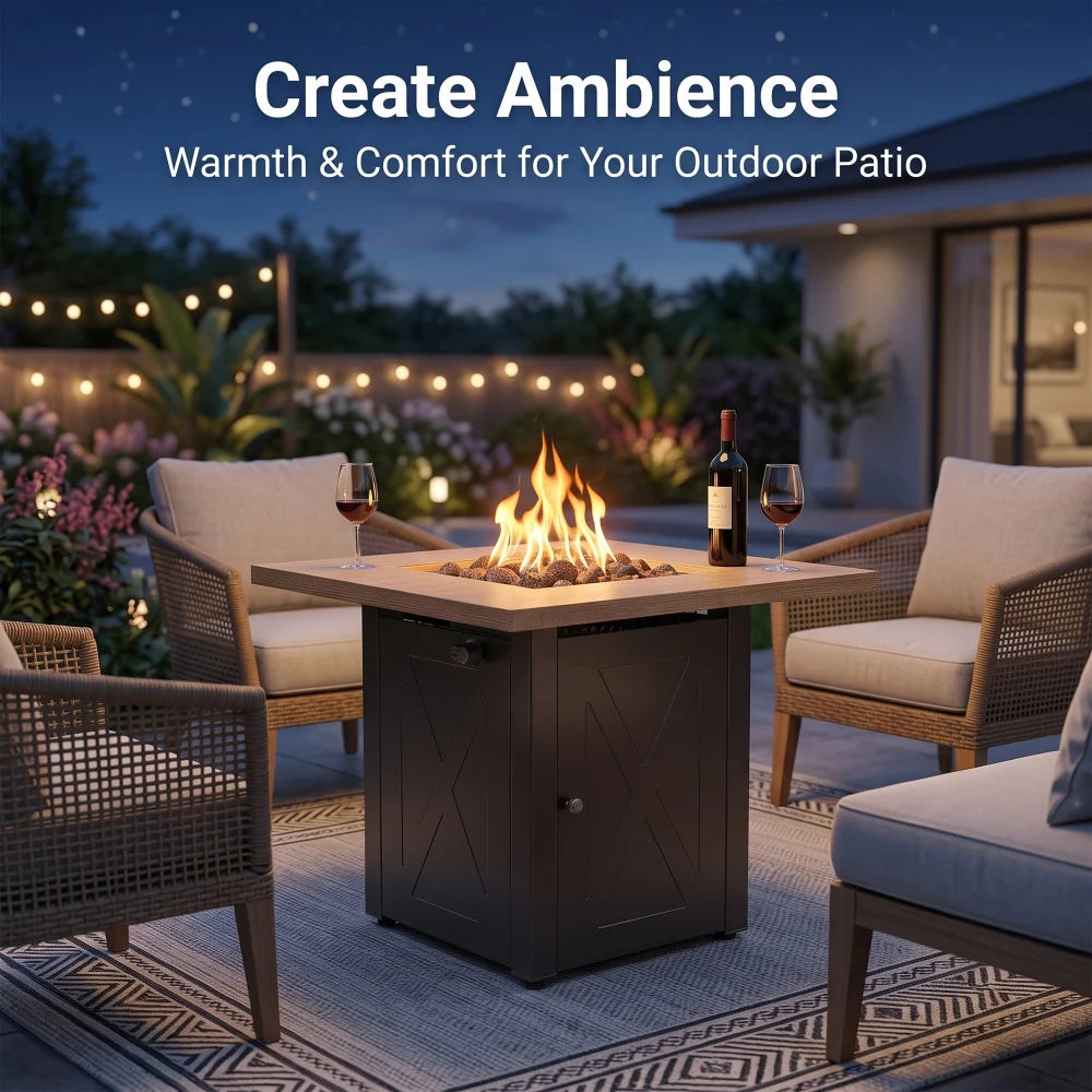 Yardgrace 28" Propane Fire Pit Table, 50,000 BTU Square Outdoor Gas Firepit with Lava Rocks and Hideaway Tank Storage, Mocha