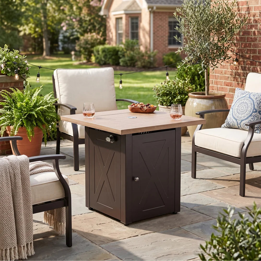 Yardgrace 28" Propane Fire Pit Table, 50,000 BTU Square Outdoor Gas Firepit with Lava Rocks and Hideaway Tank Storage, Mocha