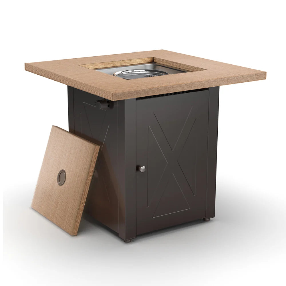 Yardgrace 28" Propane Fire Pit Table, 50,000 BTU Square Outdoor Gas Firepit with Lava Rocks and Hideaway Tank Storage, Mocha