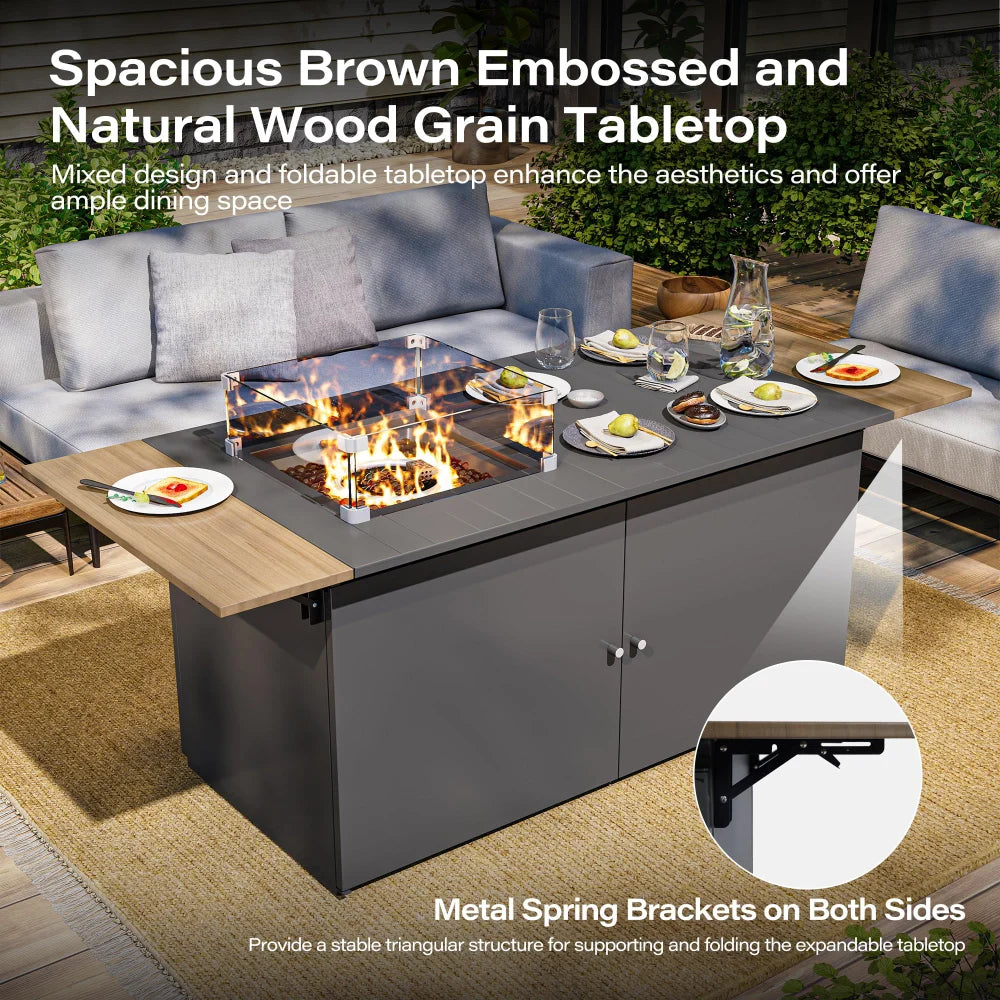 Propane fire pit table with brown wood grain tabletop and storage cabinet