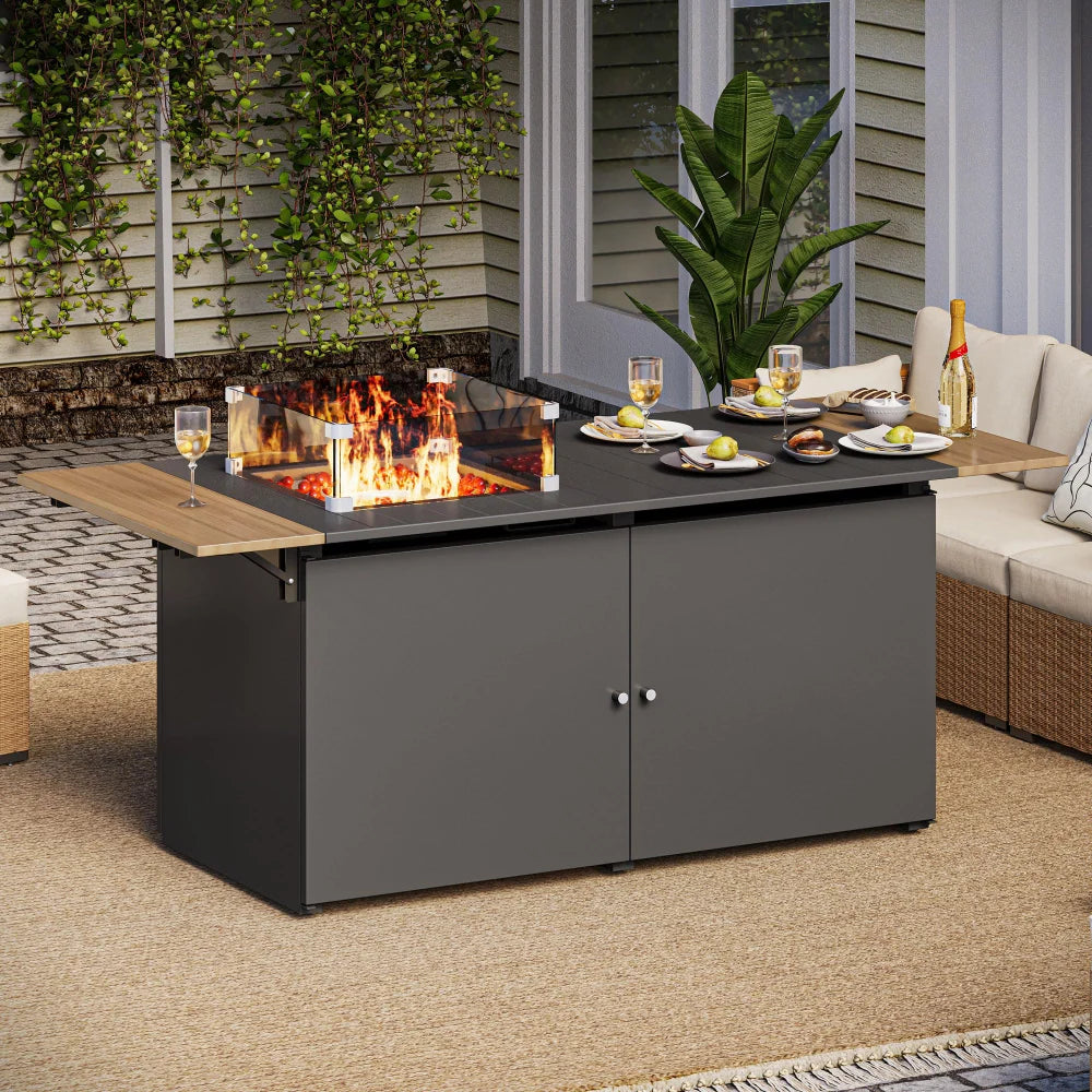 Rectangular propane fire pit table with storage cabinet for outdoor patio