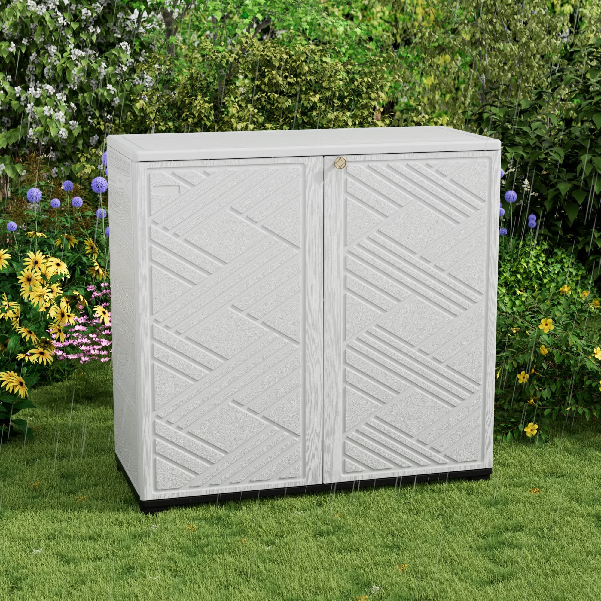 Yardgrace 34" Corner Outdoor Storage Cabinet, Weatherproof Resin Diamond Shed for Small Spaces, Black Or White