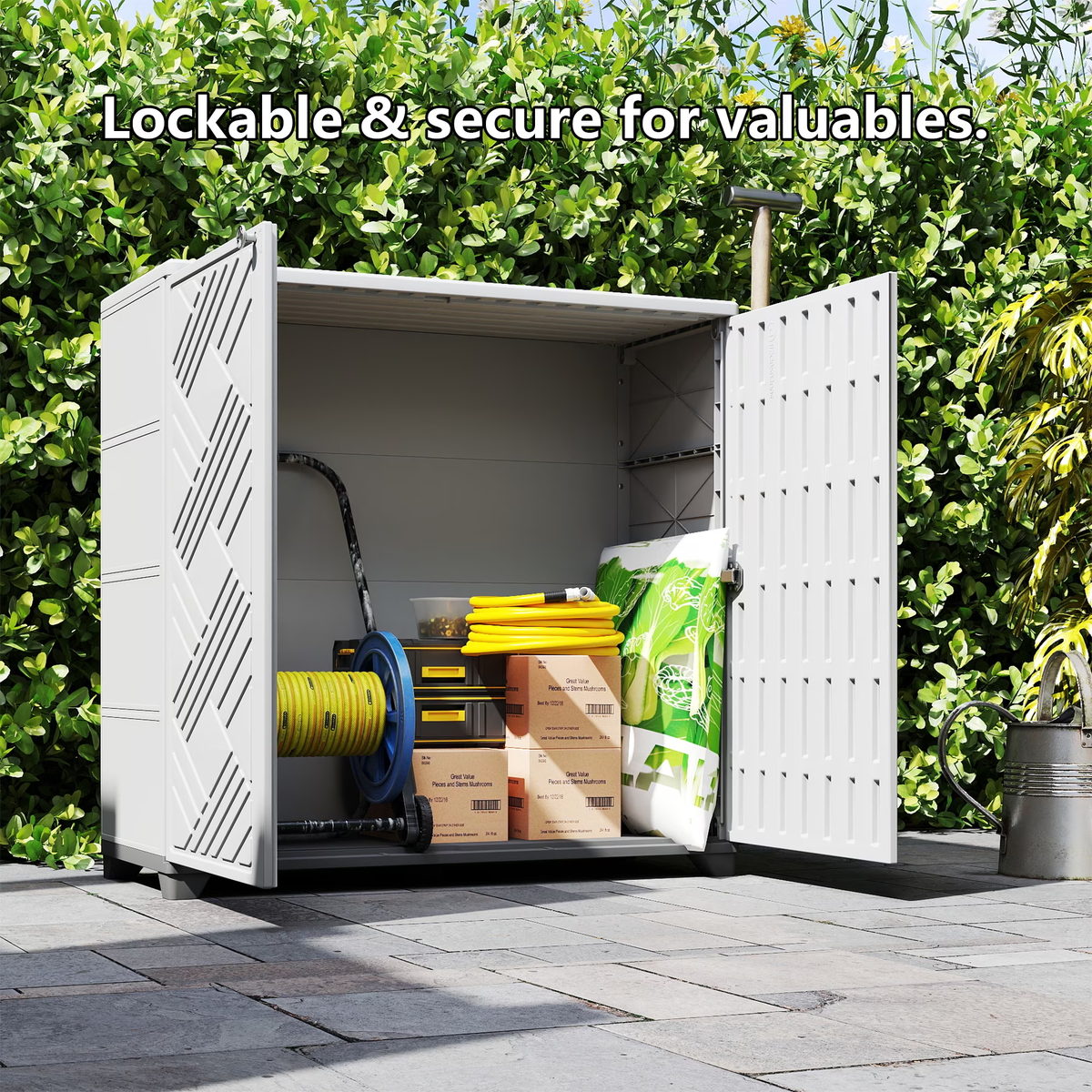 Yardgrace 34" Corner Outdoor Storage Cabinet, Weatherproof Resin Diamond Shed for Small Spaces, Black Or White