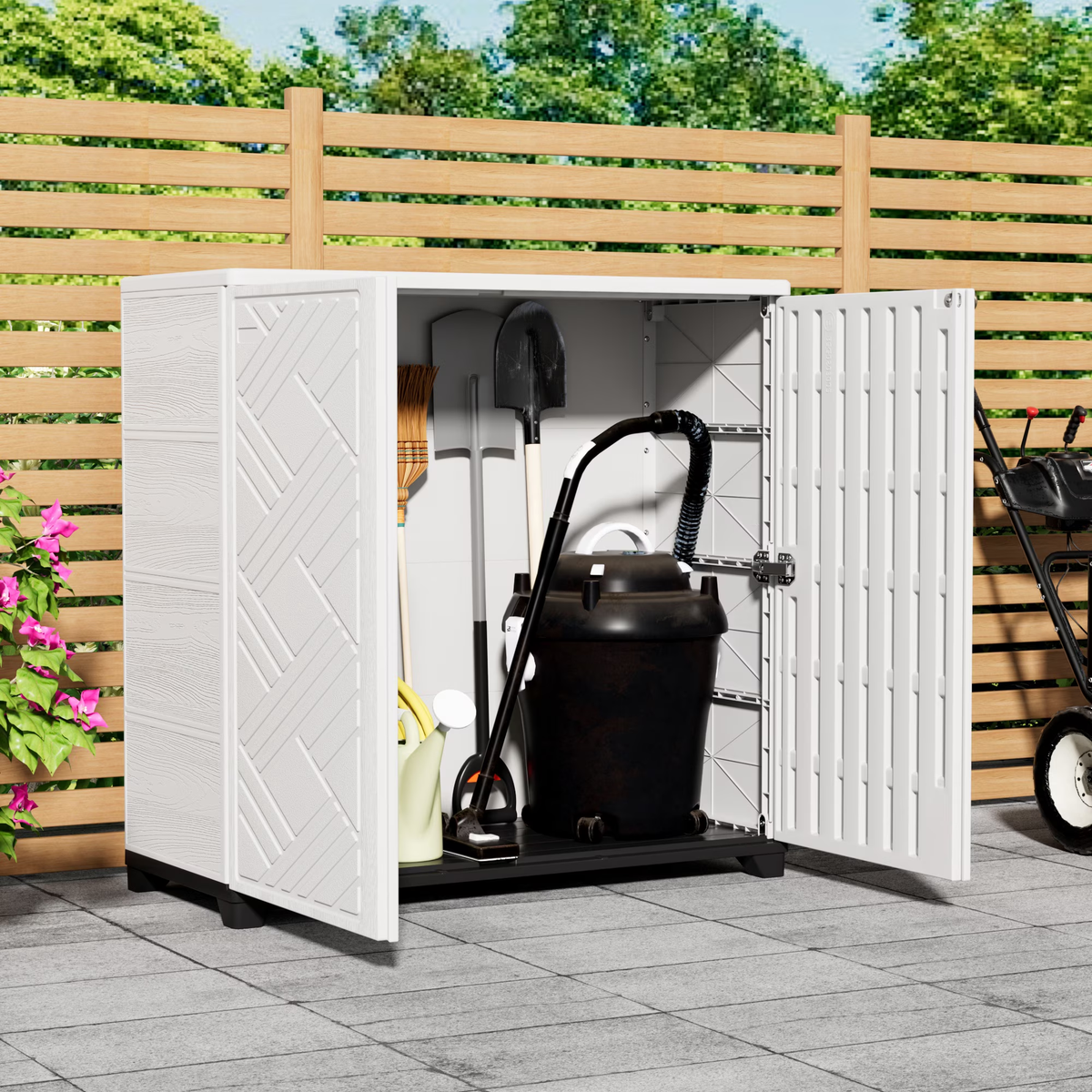 Yardgrace 34" Corner Outdoor Storage Cabinet, Weatherproof Resin Diamond Shed for Small Spaces, Black Or White