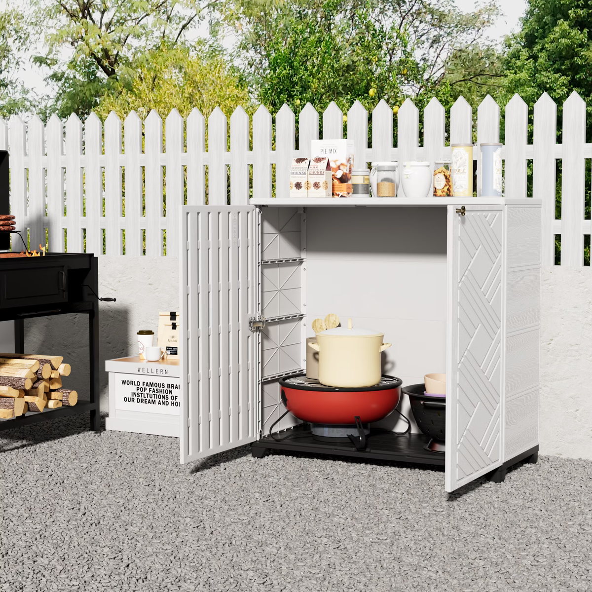 Yardgrace 34" Corner Outdoor Storage Cabinet, Weatherproof Resin Diamond Shed for Small Spaces, Black Or White